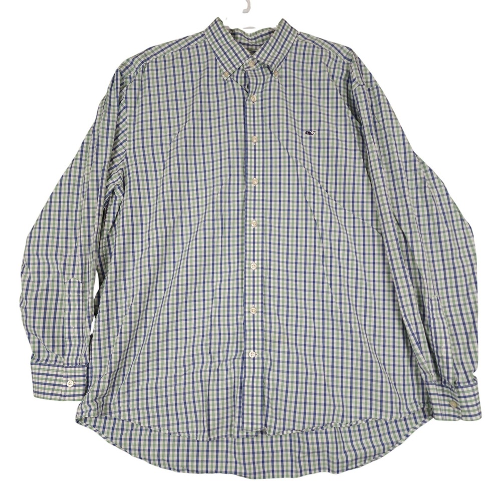 Vineyard Vines Whale Shirt Men's XL Blue Green Plaid Button Down 100 Cotton